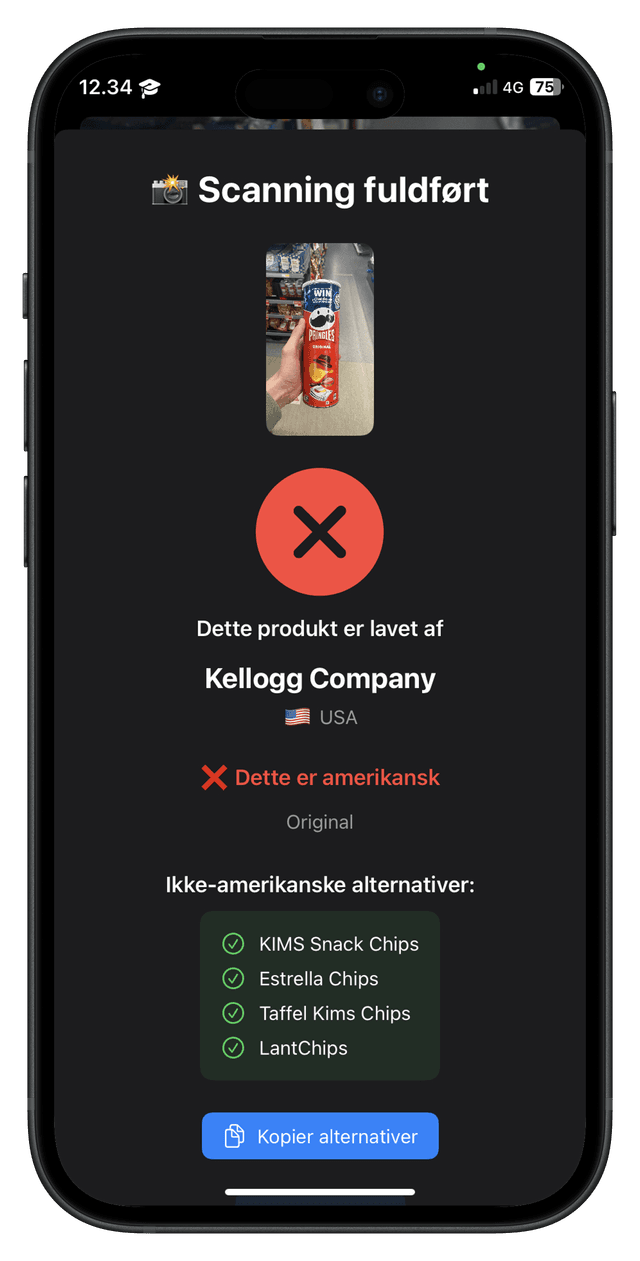 Screenshot af amerikansk produkt